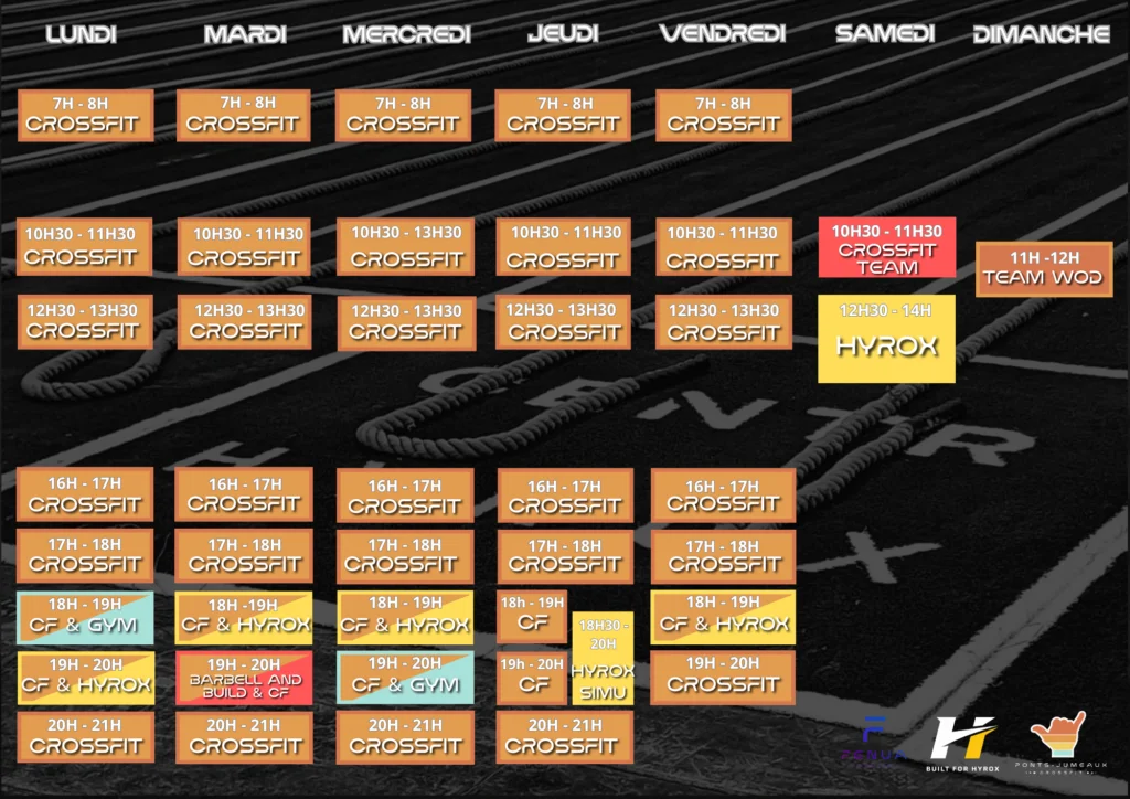 Planning hebdomadaire des cours Ponts-Jumeaux CrossFit : WOD, Hyrox, gym, haltéro, Team WOD du lundi au dimanche